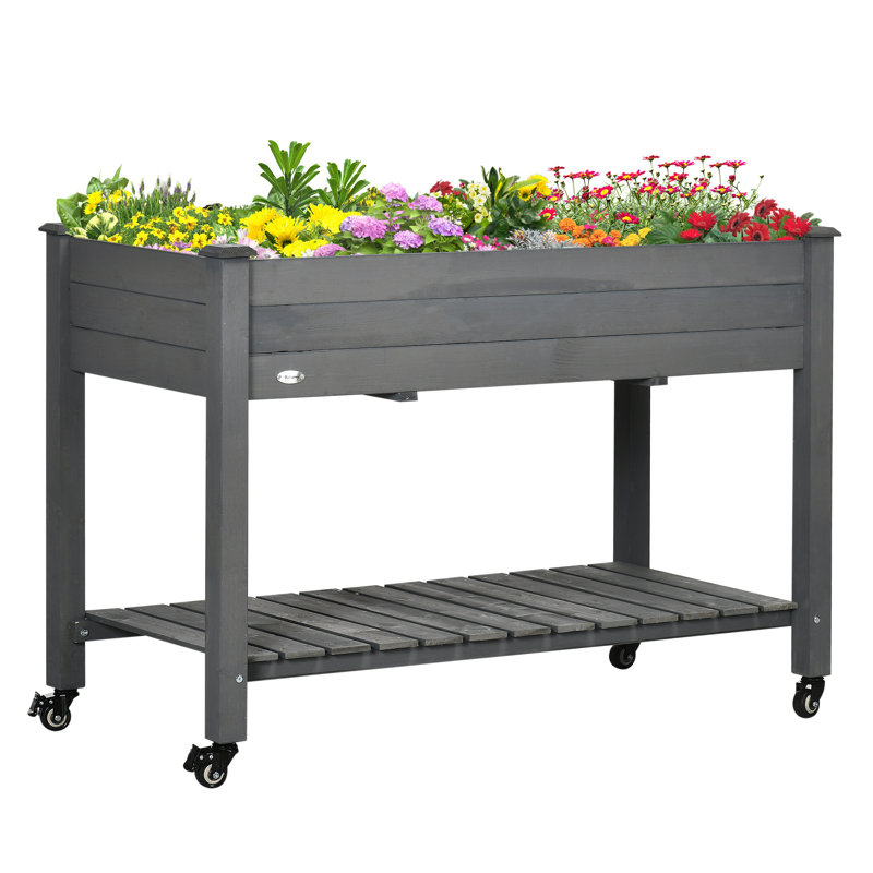 Lit de jardin surélevé en bois à 2 niveaux avec trous de drainage et doublure, tablette de rangement et roulettes Outsunny, 47 po x 22 po x 33 po, gris