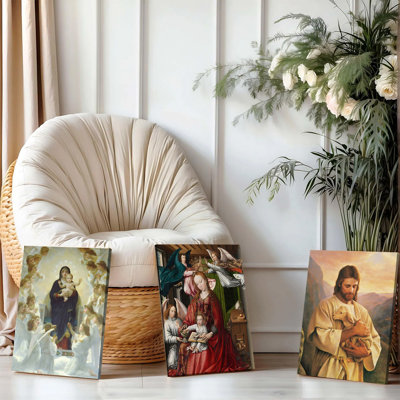 Ensemble de 3 affiches encadrées, reproductions sur toile d'art religieux : la Vierge Marie avec l'Enfant Jésus et Jésus-Christ en Bon Pasteur. Décoration murale catholique et spirituelle. Décoration religieuse moderne.
