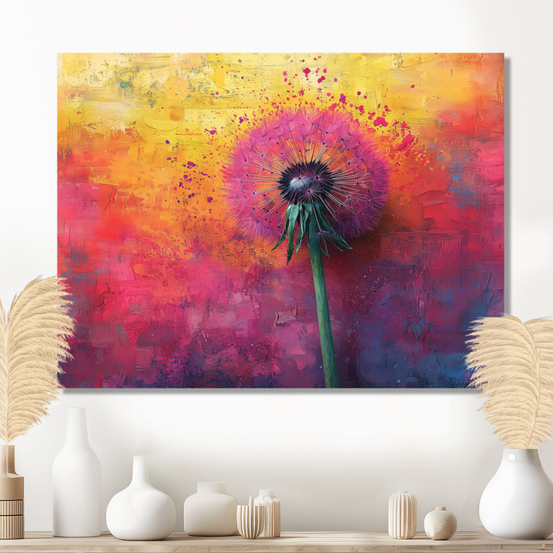 Neon Dandelion Burst In Bright Neon Pop Art I - Décoration murale pissenlit en métal, H 12 po x l 20 po
