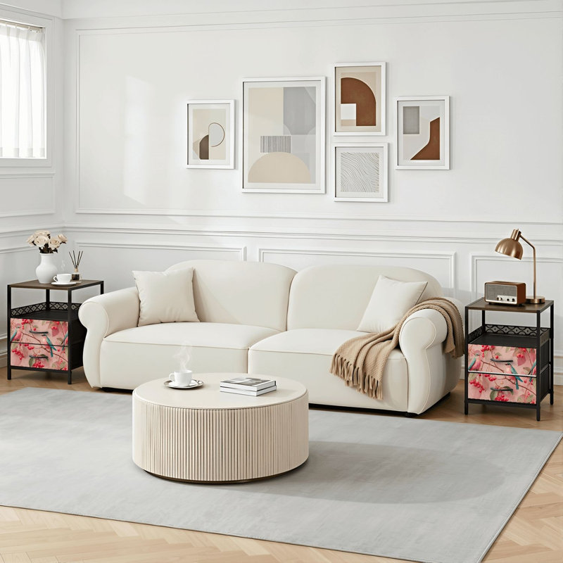 Table de chevet 2 tiroirs avec station de charge, table de chevet pour chambre à coucher avec ports USB, tablette ouverte noire, table de chevet avec branches élégantes oiseaux rouges et pastel