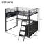 Lit mezzanine double en métal avec éclairage à DEL, bureau intégré et quatre tablettes de rangement pour une utilisation et un confort accrus