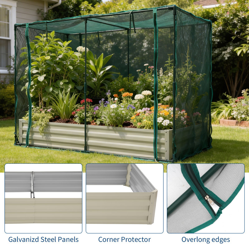 Galvanized Steel Raised Garden Bed with Protective Net & Sun Shade,Bottomless Design,Metal Planter Boxes with Lid for Vegetables, Flowers, Herbs