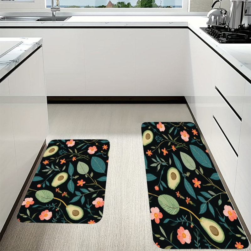 Avocat et motif floral, 2 tapis de cuisine antidérapants, Motif floral noir / vert