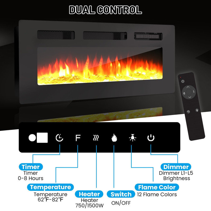 70 Inch Fireplace TV Stand with 36 Inch Electric Fireplace, 12 Colors LED Lights, 750W/1500W for Max 80 Inch TV, 2 Tier Storage 2 Door Cabinet