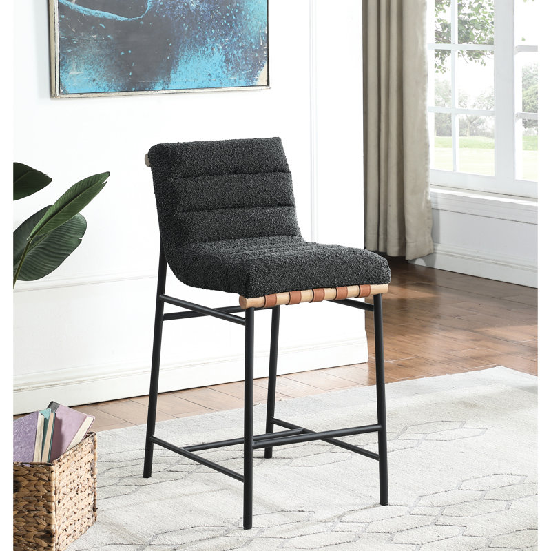 Dark Grey Boucle Fabric Chair - Counter Height, Cognac Pu Leather 38.05 In. Tall Height
