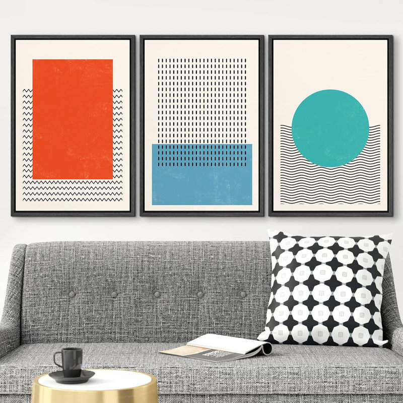 Abstrait, blocs de couleurs vibrantes, rouge, bleu, bleu sarcelle, polygones et blocs de couleurs, formes abstraites, style nordique moderne, Mid-Century coloré sur toile, impression de 3 pièces