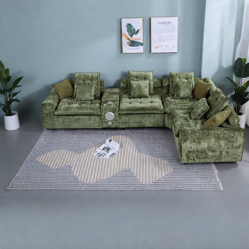 Canapé d'angle moderne et spacieux avec rangement, canapé modulaire en boucle verte pour la maison, Vert