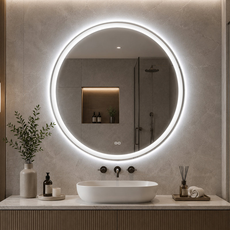 Miroir de meuble-lavabo rond sans cadre à DEL 36 pouces avec antibrouillard, contrôle tactile et éclairage 3 couleurs à intensité variable
