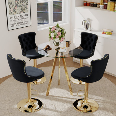 Bar Height Set, Tempered Glass Round Dining Table and Velvet Adjustable Dining Chairs.