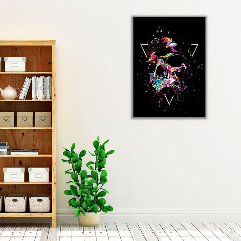 Crâne X - reproduction d'art sur toile, Bleu; noir; rose; mauve, H 24 po x l 18 po
