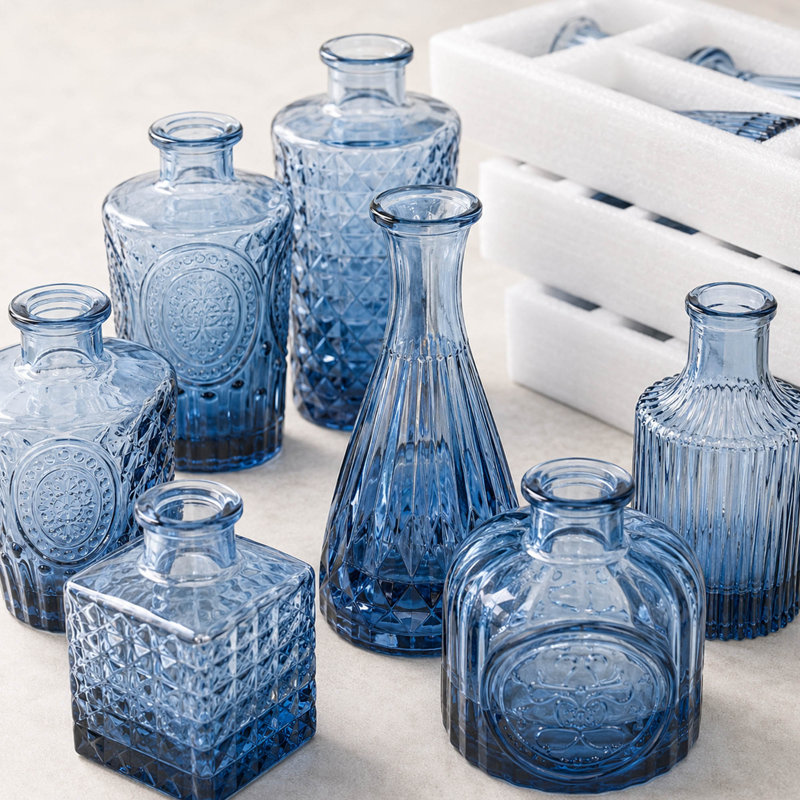 Ensemble de 12 vases en verre bleus pour centre de table rétro, Bleu