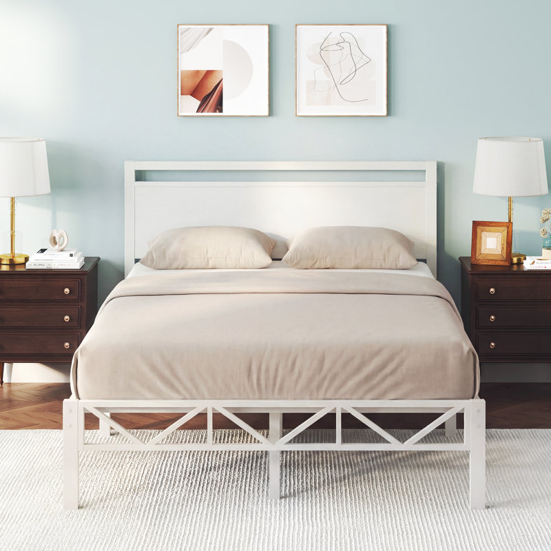 Full Size Bed Frame With Headboard & Footboard, Easy Assembly Sturdy Metal Platform Bed, Anti-slip & Silent Support, No Box Spring Needed With Underbed Storage, Modern Bedroom Furniture, White