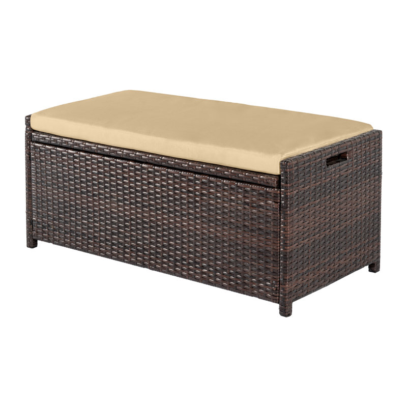 Banc de rangement d'extérieur en osier avec coussin Tabatha Pe, Brun/brun clair