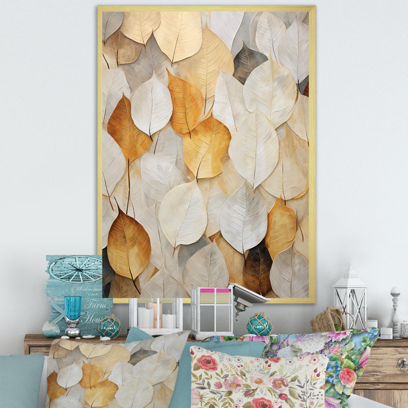«Gold Minimalisme Leaves Collage I» sur toile imprimée, Cadre doré simple, H 32 po x l 16 po x P 1 po
