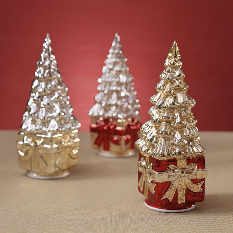 Sapin de Noël rotatif à DEL sur présentoir de table, Gold on Red w/ Gold Ribbon