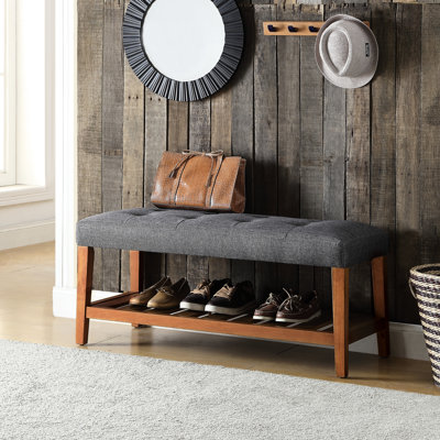 Banc gris en tissu gris et finition chêne - assise confortable de 40 po de largeur avec siège à lattes en bois pour rangement de salon moderne avec large largeur de 16 po et profondeur de 8 po