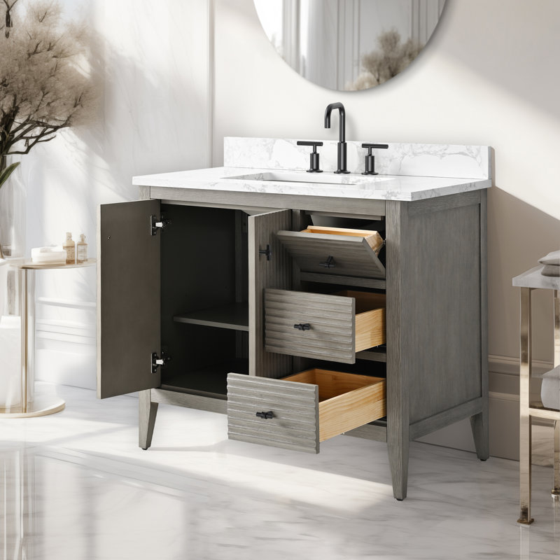 Ensemble de meuble-lavabo simple 36 po, Gris flottant linéaire, Noir mat