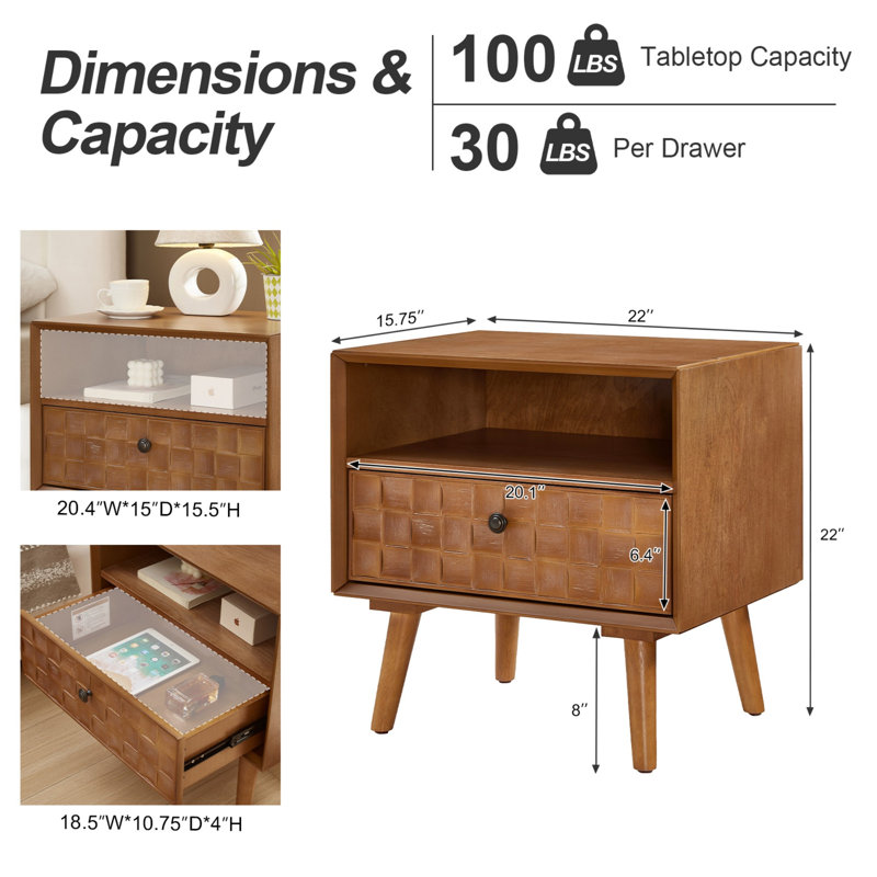 Table de chevet 21,89 po Mid-Century, Chêne
