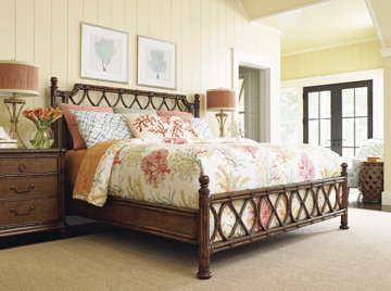 California King Brown Rattan Poster Bed with Bamboo Carvings