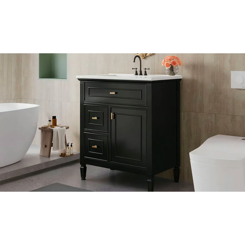 Meuble-lavabo de salle de bain de 76 cm (30 po) avec lavabo, tiroir rabattable et 2 tiroirs, blanc, Blanc, Blanc