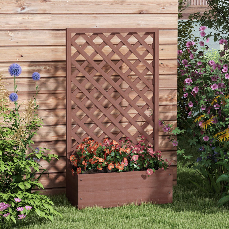 Raised Garden Bed With Trellis Lattice, Wood Planter Box With Self Draining Gap, Freestanding Trellis Planter For Climbing Plants, Vines, Flowers, 29.5" X 13.25" X 53.25", Light Brown