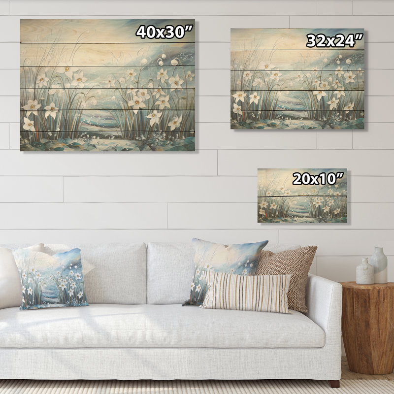 «Snowdrop Flowers Field In Winter I - Snowdrops», art mural sur bois de pin naturel, 10" H x 20" W