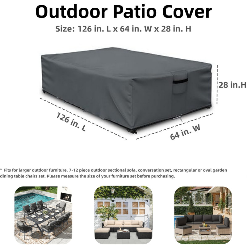 Patio Furniture Cover, Waterproof, Furniture Table, Chair and Sectional Sofa Set, 126 in. L x 64 in. W x 28 in. H, Gray