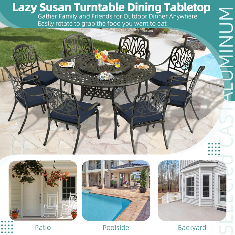 9-Piece Dining Set includes 1 round table with detachable lazy susan, 8 cushioned chairs, Navy Blue