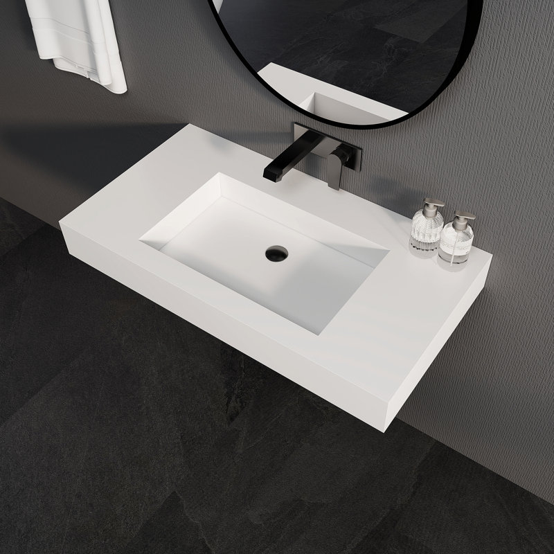 35'' Wall Mounted Rectangular Bathroom Sink Solid Surface Single Sink