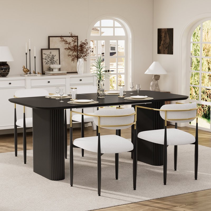 Rectangular Dining Table for 4-6 People, Beige, 5 Pieces: Table, 4 Chairs, Black