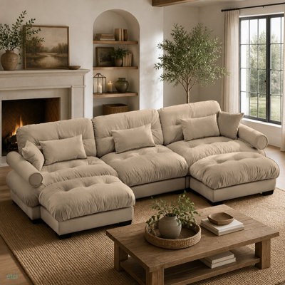 Canapé modulaire en U en forme de U avec deux repose-pieds mobiles, canapé d'angle moderne à 3 places avec coussins de taille, coussins décoratifs et accoudoirs Blostered, canapé convertible en forme de L pour le salon