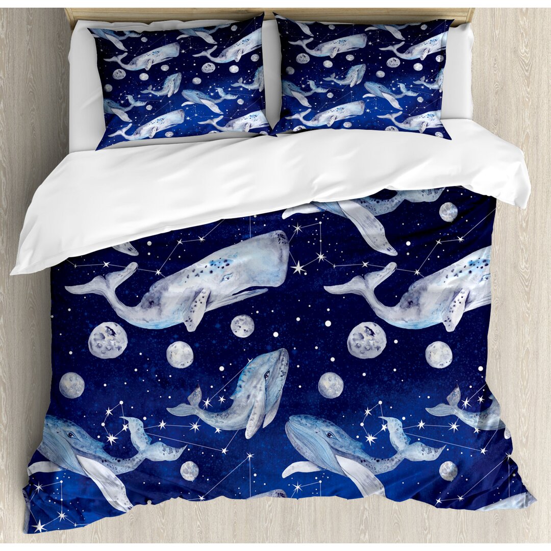 Bettbezug Set, Wal-Planet Cosmos, Weltraum, Navy Lila Grau