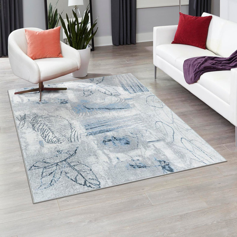 Tapis floral en polyester tissé à la machine en blanc / gris / bleu Lamm, Rectangle 5 pi 3 po x 8 pi