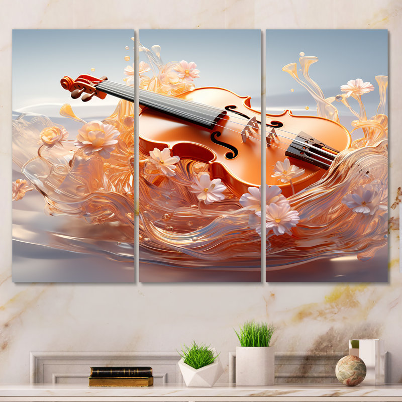 Verre, violon, sérénité, fleurs - musique, art mural, Toile tendue, H 32 po x l 48 po x P 1 po