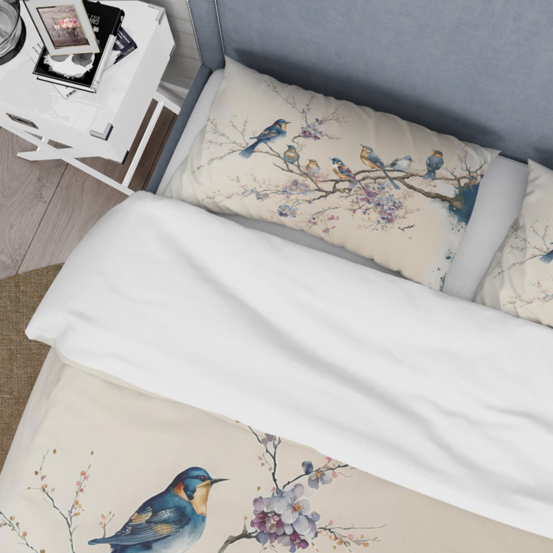Ensemble de housse de couette multicolore en microfibre / polyester Birds On Plum Blossoms Tree