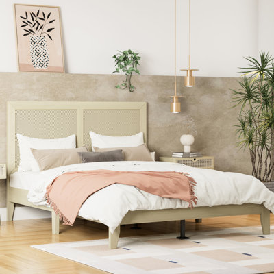 Queen Solid Wood Platform Bed With , Natural Tone, Frame, Silent Slats, High - Style Low Profile, Easy To Follow Assembly King Size Woven Headboard, Rubber Legs, Modern And Coastal Styles, Density