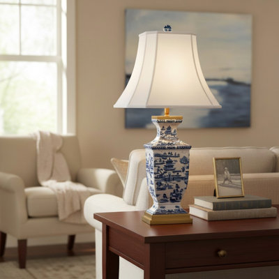 Blue Willow Hand Painted Porcelain Table Lamp with Gold Wood Base