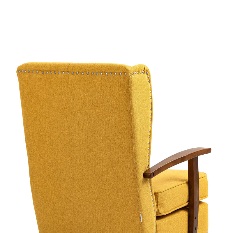 Fauteuil à oreilles rembourré Biali, Lin jaune moutarde