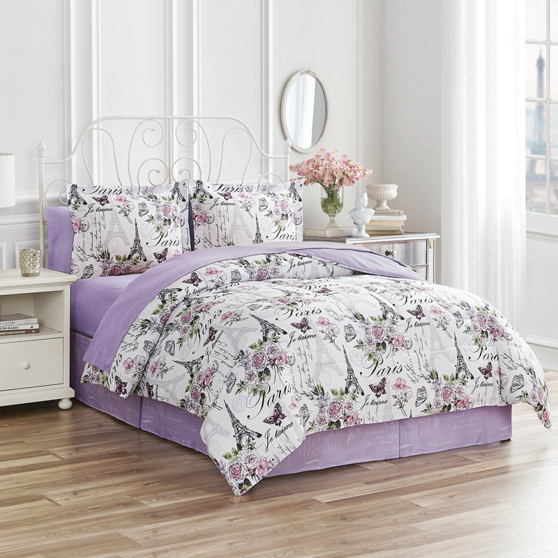 CEDAR COURT Paris Floral Lilac Ultra Soft Microfiber Reversible Comforter Set, Queen Comforter + 7 Additional Pieces