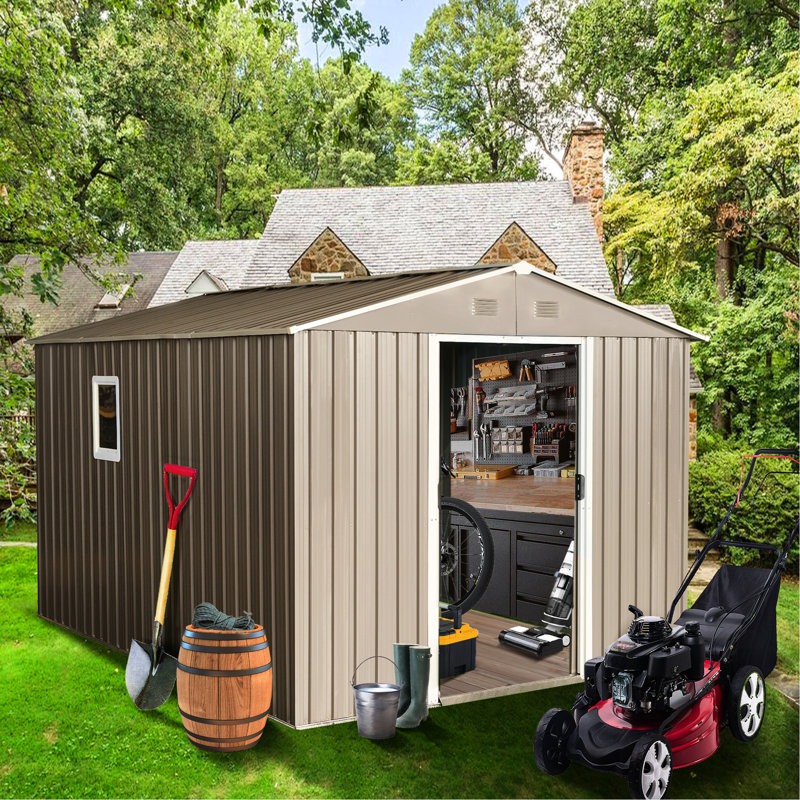 Grey 8Ft X 10Ft Metal Storage Shed With Foundation - Robust Galvanized Steel Build, Window, Punched Vents For Optimal Ventilation, Sliding Doors Padlock Easy Assembly Instructions Outdoor Door, And