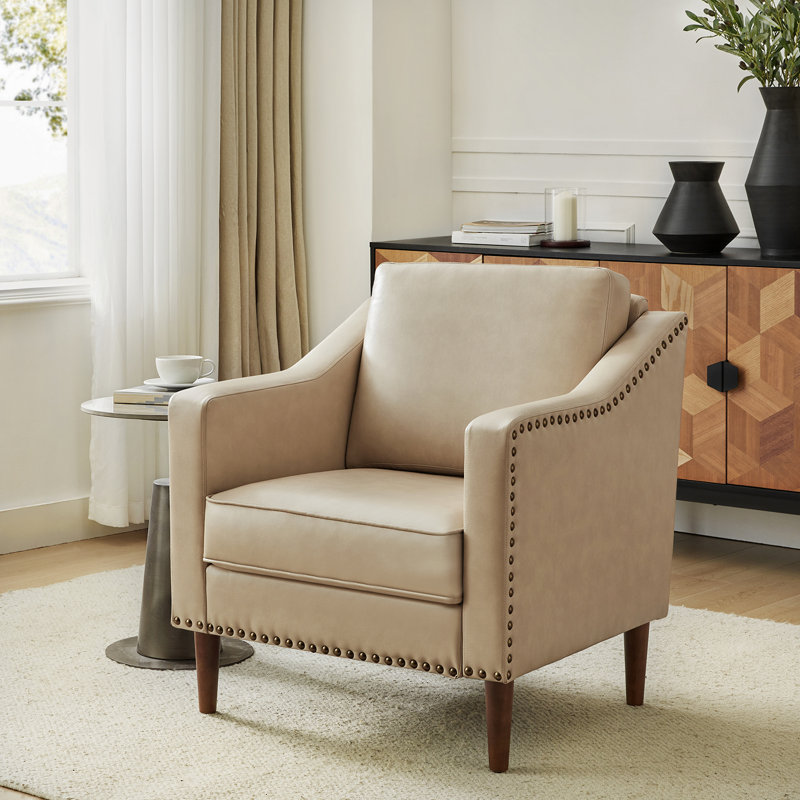 Almetia Vegan Leather Armchair with Solid Wood Legs, Beige Faux Leather