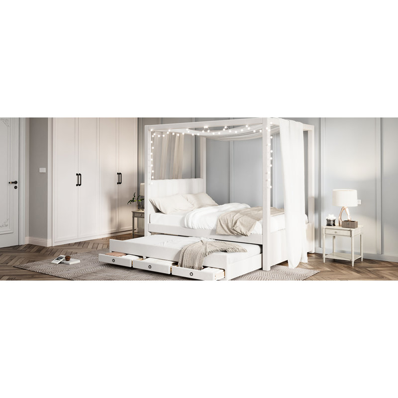 Lit plateforme à baldaquin beige avec lit gigogne double et 3 tiroirs - Finition et rangement pratique,, Lit double