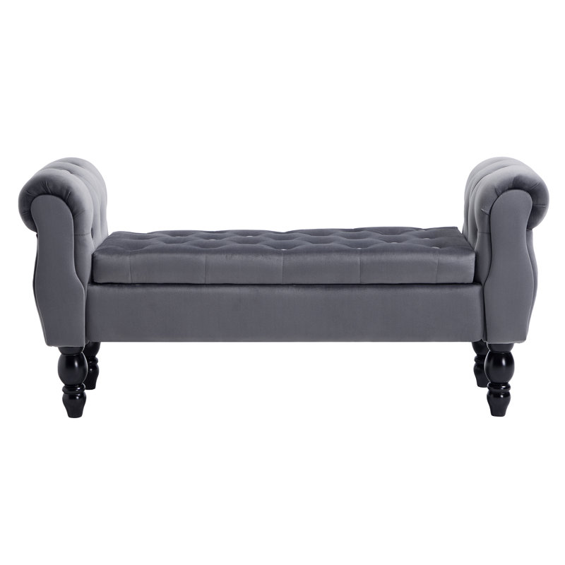 48'' W Upholstered Flip Top Tufted Storage Bench With Rolled Arm And Solid Wood Legs, Gray