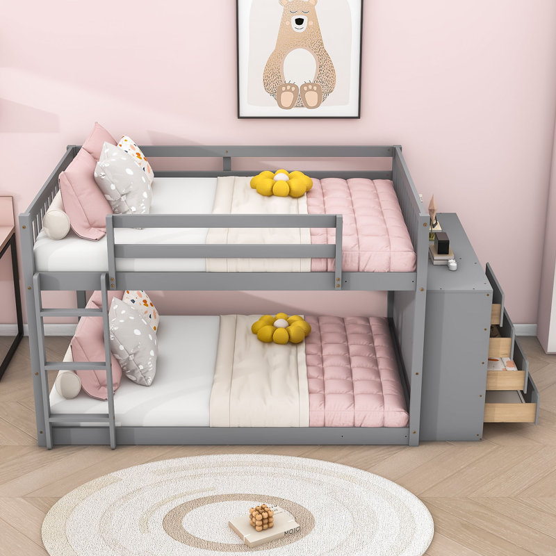 Kialah Space-Saving Bunk Bed With Built-In Storage And Slats, Gray, Full Over Full