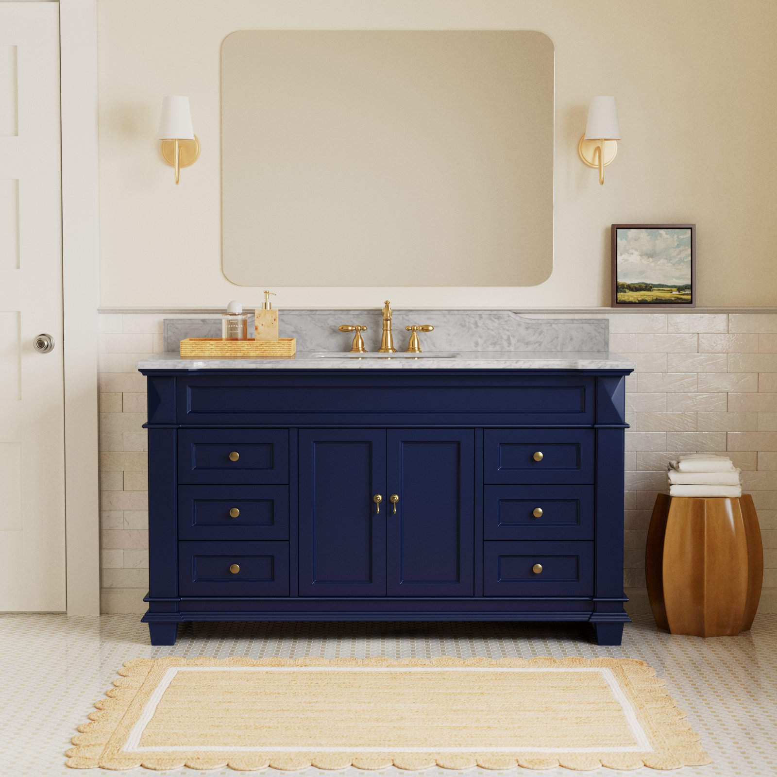 Ensa 60'' Single Bathroom Vanity, Carrara Marble, Royal Blue