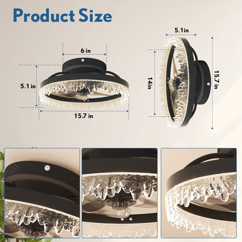 16" Smart Silent Flush Mount Ceiling Fan With Light – Invisible Blades, Remote & Timer, 16"