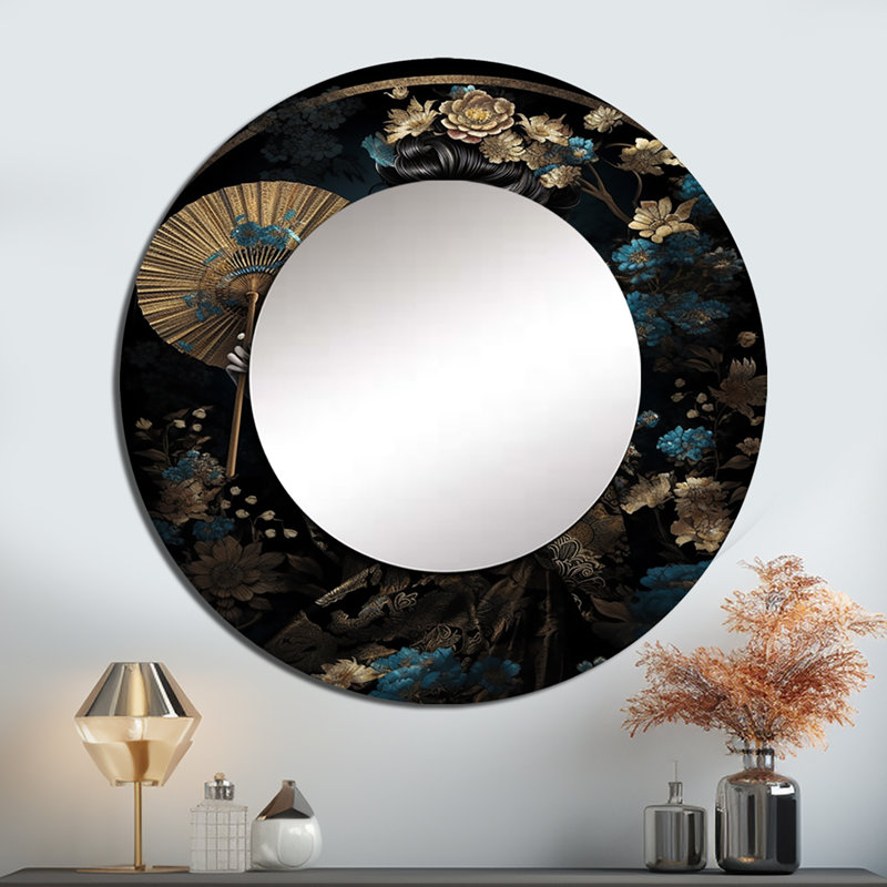 Perrish Elegant Japanese Woman IV - Woman Unique Wall Mirror, Modern Round Mirror, Printed Metal Art, 36" x 36"