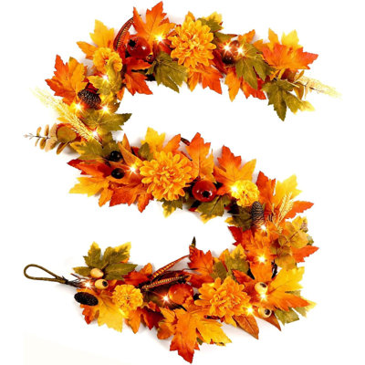 Fall Garland For Mantle Pre Lit Realistic Garland With Lights Fall Leaves Chrysanthemum Garlands For Table Centerpiece Door Window Fireplace Home Indoor Outdoor Fall Thanksgiving Decorations