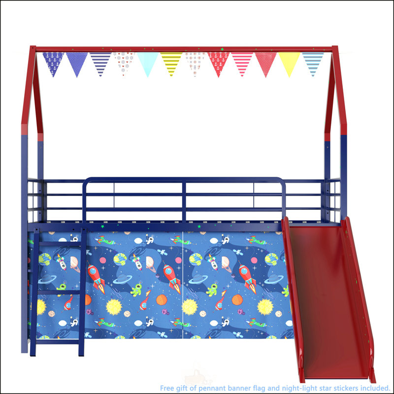 Twin Loft Bed With Slide And Curtain Set, Blue/Red
