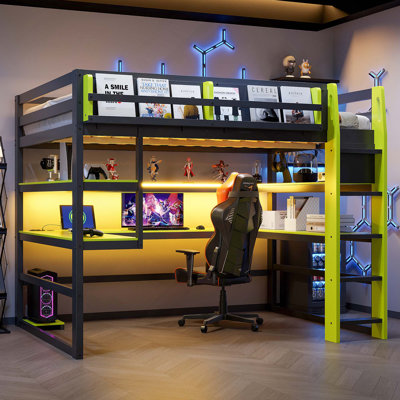 Lit mezzanine en bois avec bureau, support de rangement latéral, tablettes multiples et lumière RVB